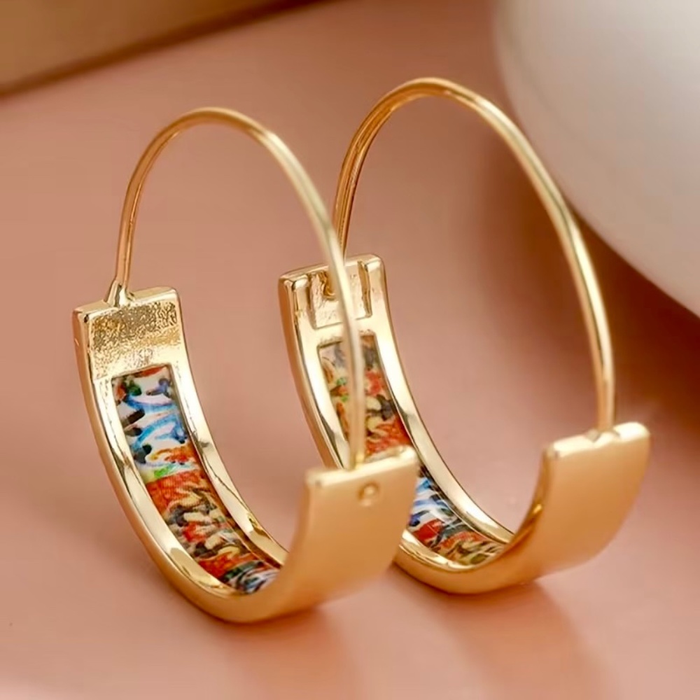 Bold Gold tone Hoop Earrings with Colorful resin inlay